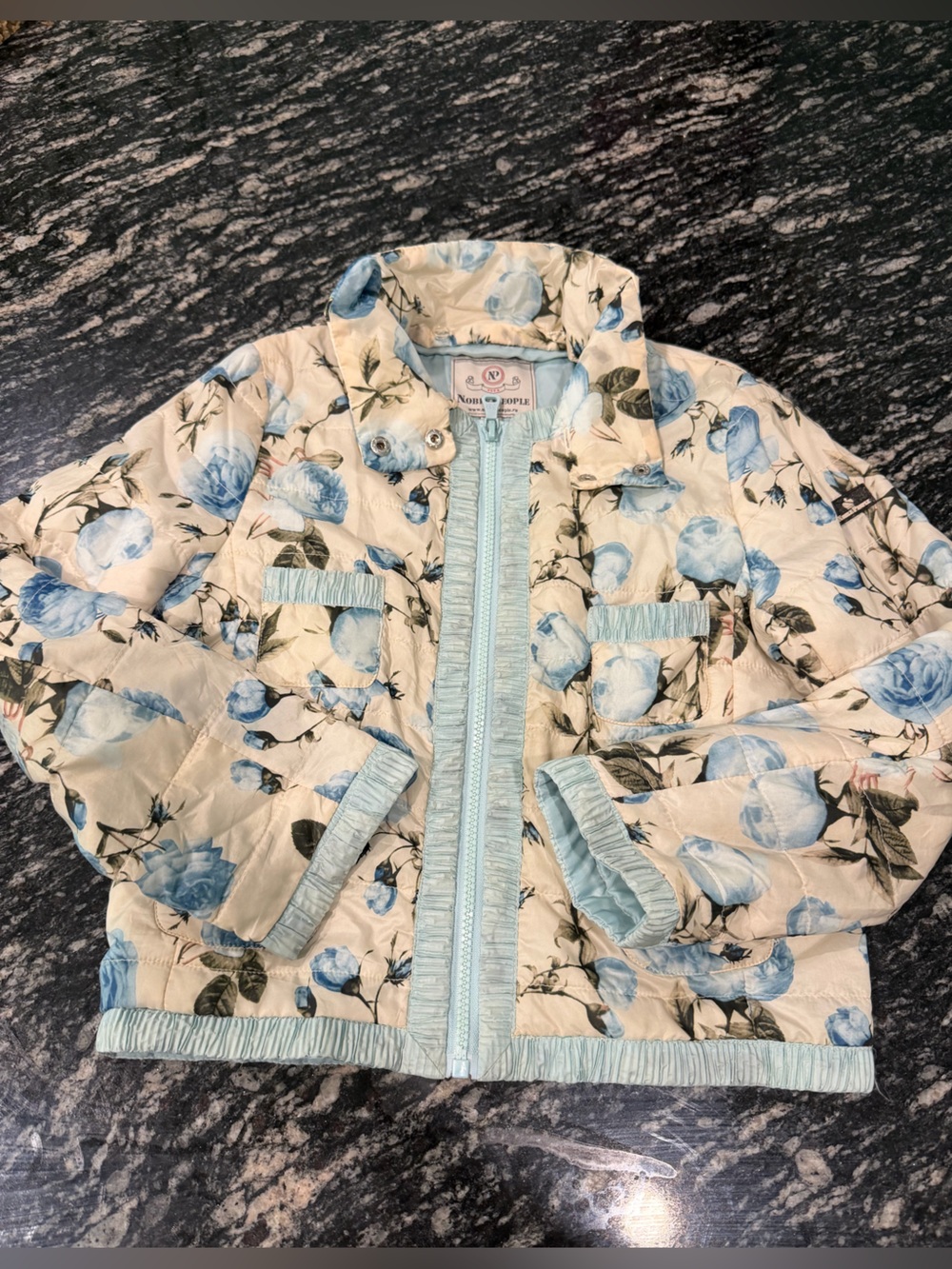 Cream Floral Puffer Jacket with Light Blue Roses for Kids Noble people lux kids